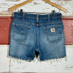 Carhartt Denim Shorts Frayed Hem Distressed Blue Wash‎ Womens Size 32